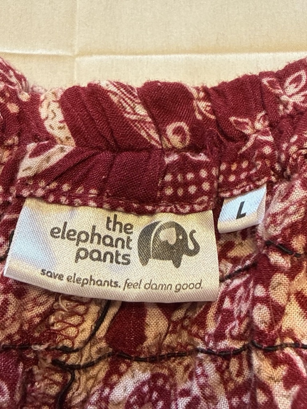 Smocked Waist Bohemian Elephant Print Joggers - Burgundy